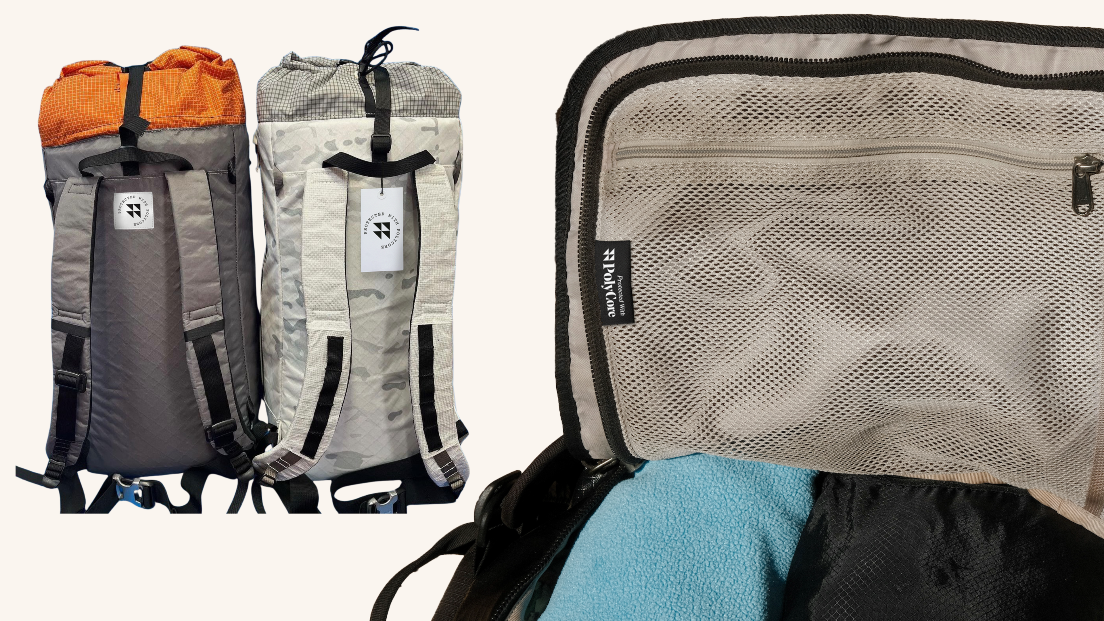 Backpacks and duffle bag featuring a PolyCore hangtag and product label.